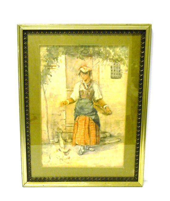 Appraisal: J M Scudder watercolor showing woman feeding chickens in barnyard