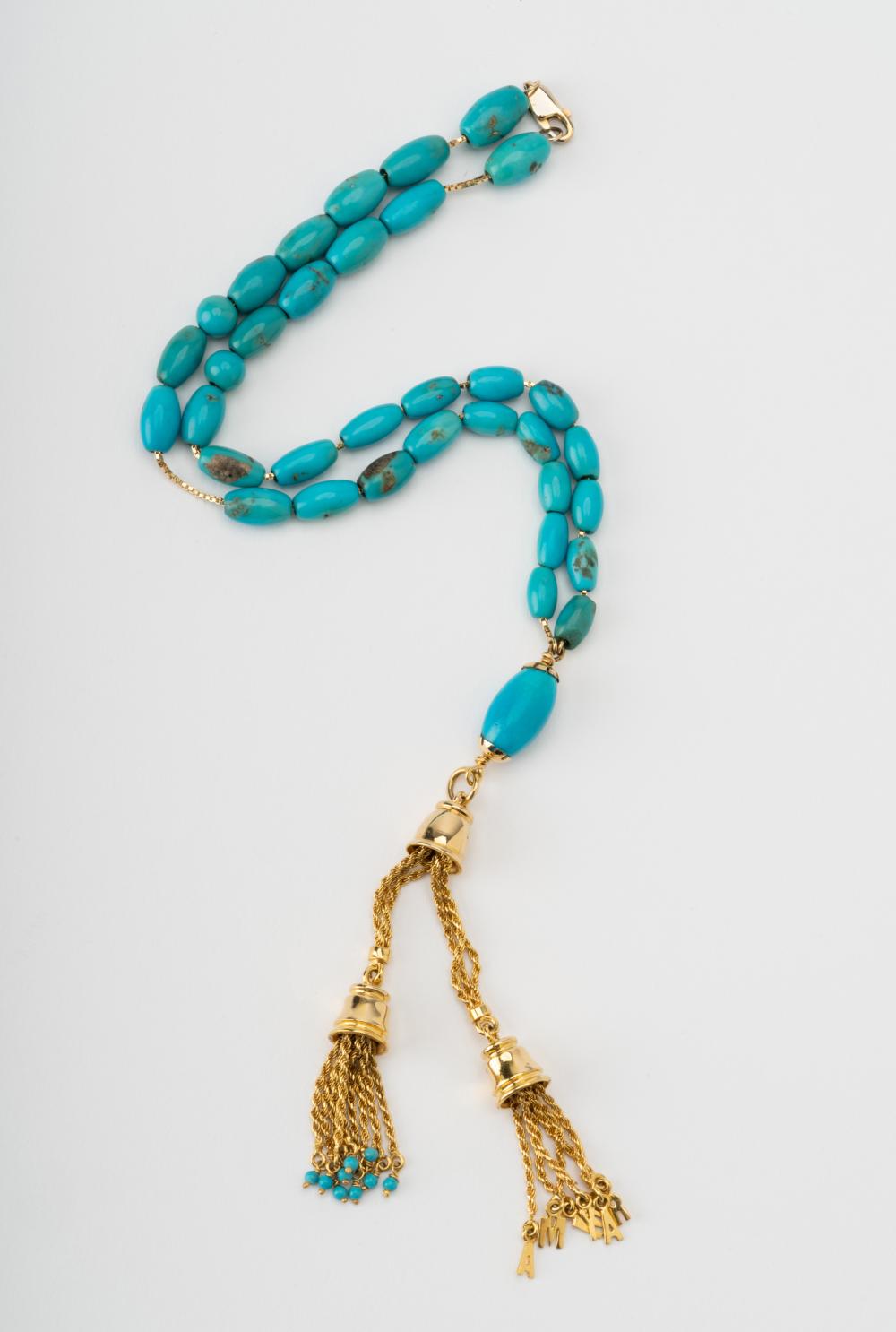 Appraisal: KARAT YELLOW GOLD TURQUOISE NECKLACE Worry Beads consisting of oval