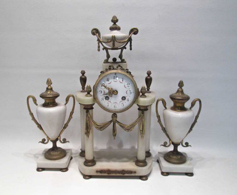 Appraisal: THREE-PIECE BRASS AND WHITE MARBLE PORTICO CLOCK SET French c