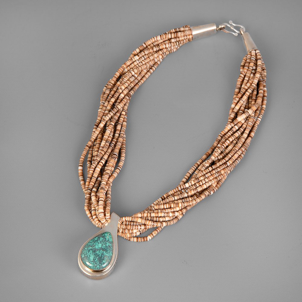 Appraisal: Ralph Sena Thirteen Strand Heishi Necklace with Turquoise and Silver