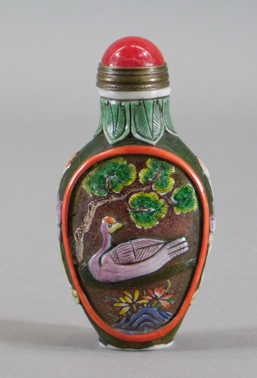 Appraisal: CHINESE POLYCHROME PEKING GLASS SNUFF BOTTLE China th CenturySnowflake Peking