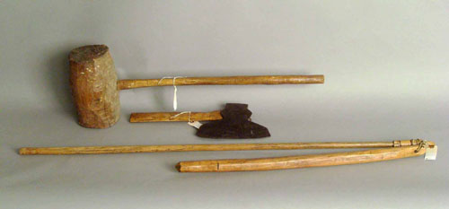 Appraisal: Woodenware to include a yoke mallet broad axe flail shovel