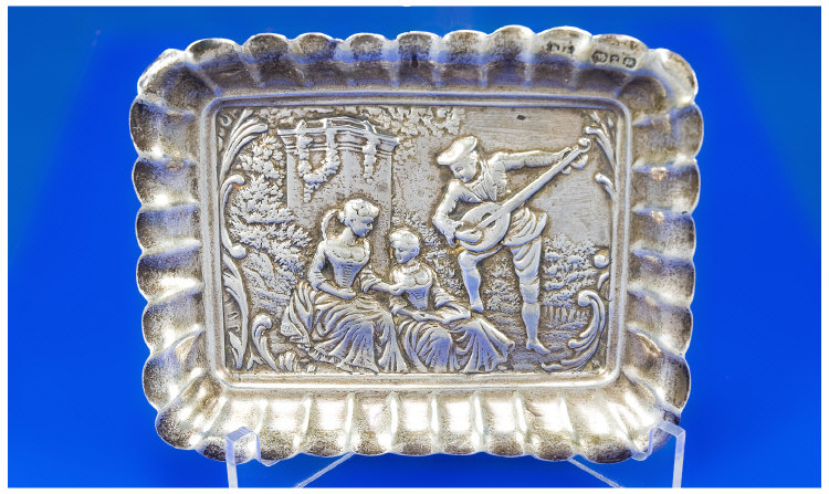 Appraisal: Small Oblong Silver Pin Dish embossed details showing Gent serenading