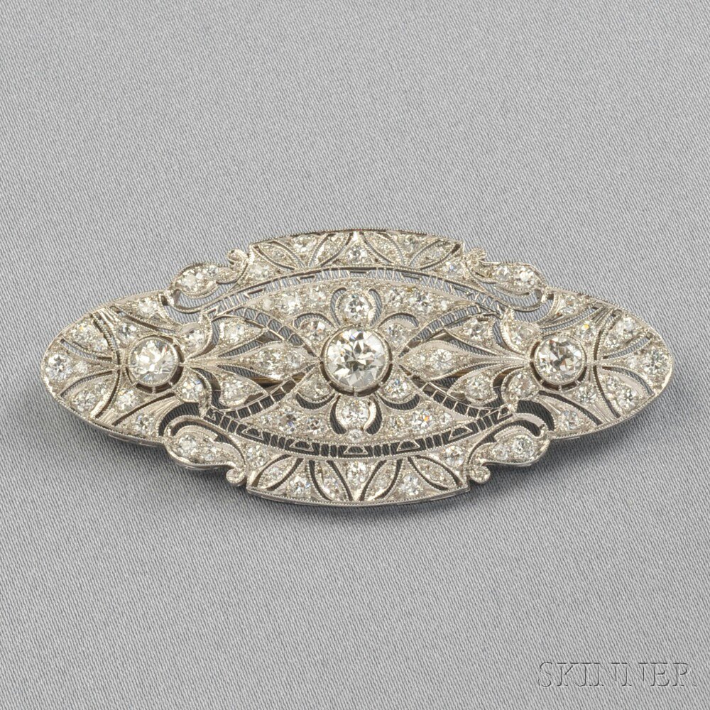 Appraisal: Art Deco Platinum and Diamond Brooch bezel-set with an old