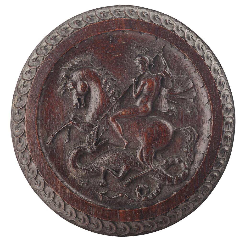 Appraisal: ARTS CRAFTS CARVED OAK ROUNDEL CIRCA depicting St George and