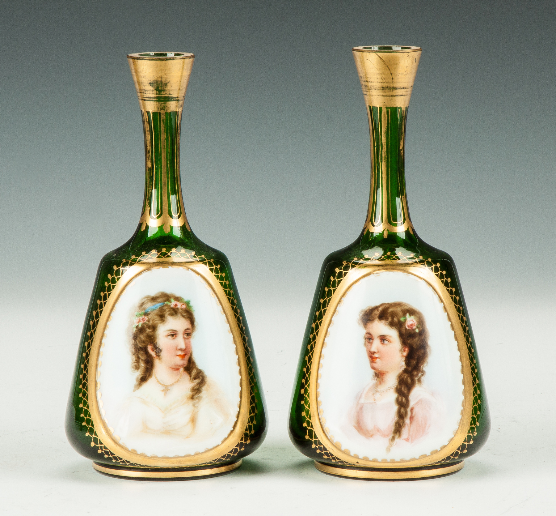 Appraisal: Bohemian Bottles with Painted Porcelain Plaques Emerald green gold enameling