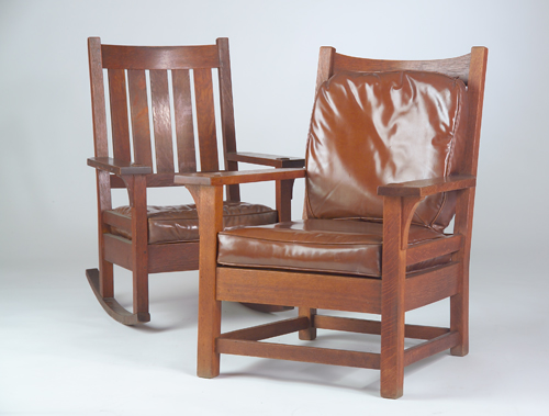 Appraisal: GUSTAV STICKLEY Early armchair and rocker c the armchair with