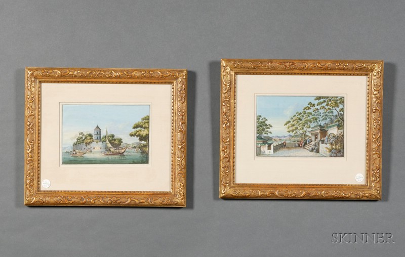 Appraisal: Pair of Chinese Export Gouache and Watercolor Landscapes late th