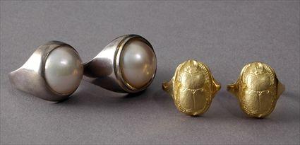 Appraisal: Two k Gold Scarab Rings and Two Silver and Simulated