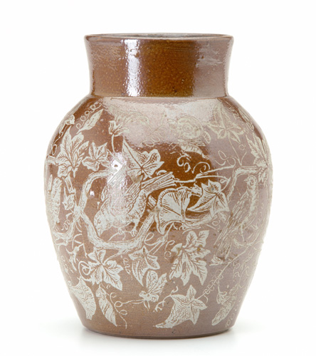 Appraisal: GRAHAM Stoneware vase acid-etched with insects birds and flowers in