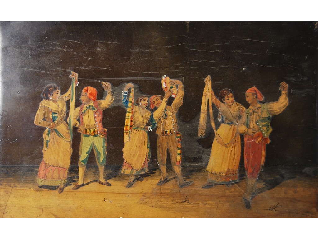 Appraisal: A Sorrento inlaid painted wood panel depicting traditional dancers x