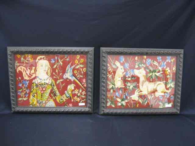 Appraisal: Pair of Framed Needlepoints dog rabbit other with maidens bird