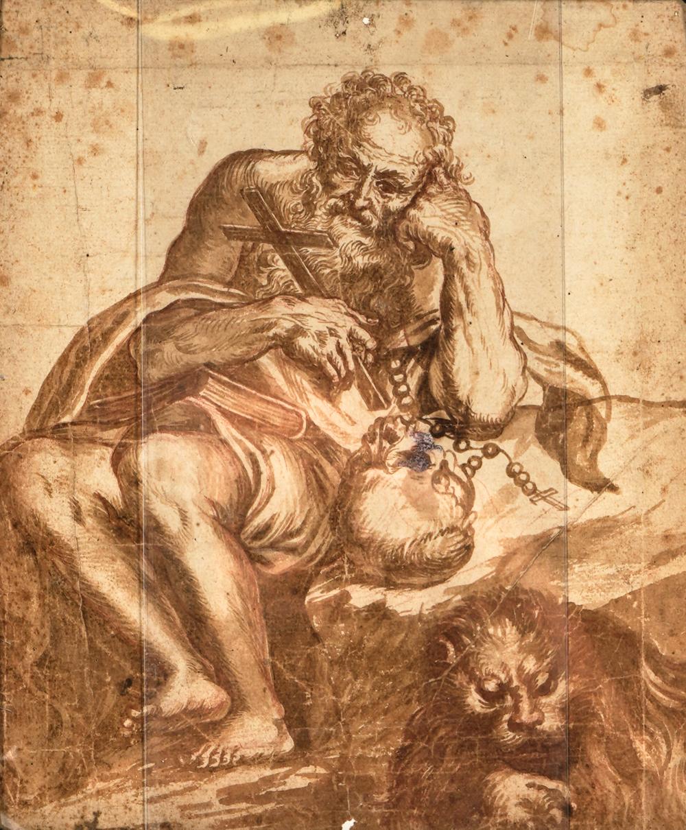 Appraisal: CONTINENTAL SCHOOL SAINT JEROME THE LIONsepia ink on laid paper