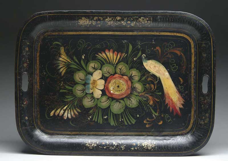 Appraisal: FINE DECORATED TOLEWARE TRAY Rounded corner rectangular tray has two