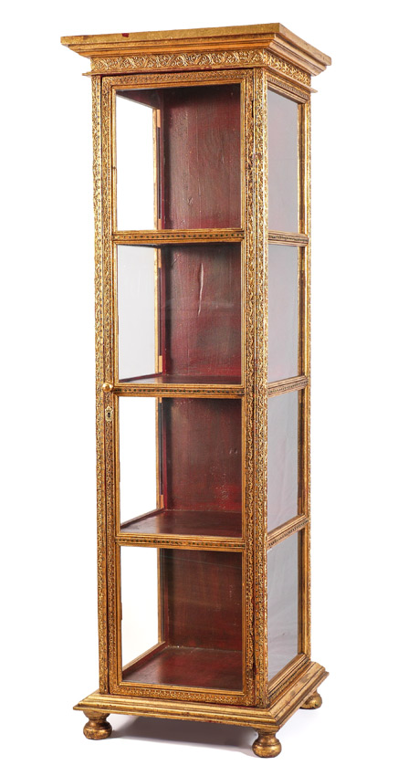 Appraisal: CONTINENTAL GILT WOOD DISPLAY CASE Applied metal filigree and mirror