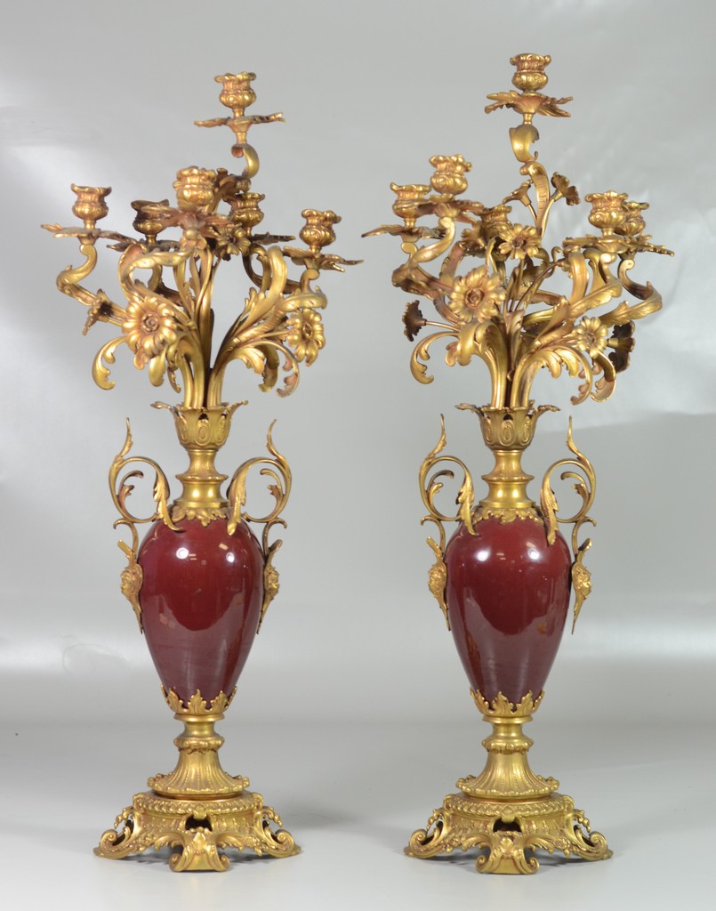 Appraisal: Pair of French porcelain gilt bronze mounted candelabra one arm