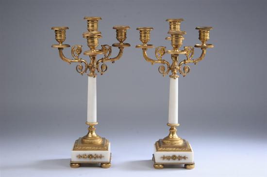 Appraisal: PAIR MARBLE AND GILT-BRONZE FOUR-LIGHT CANDELABRA th century Square marble