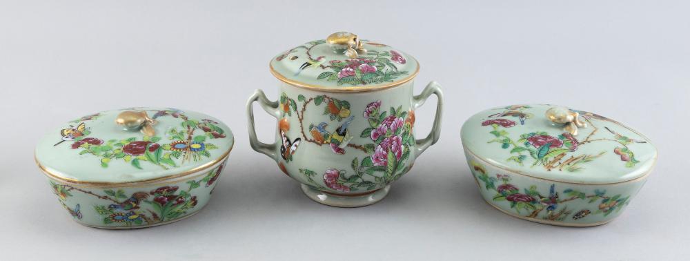 Appraisal: THREE-PIECE SUITE OF CHINESE EXPORT FAMILLE ROSE-ON-CELADON PORCELAIN MID- TH