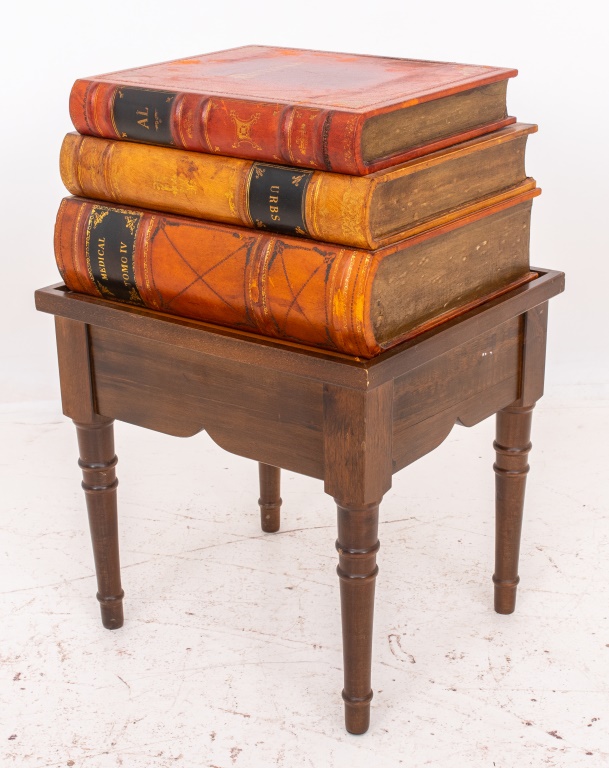 Appraisal: ITALIAN FAUX BOOKS LEATHER SECRET BOX END TABLE Italian faux