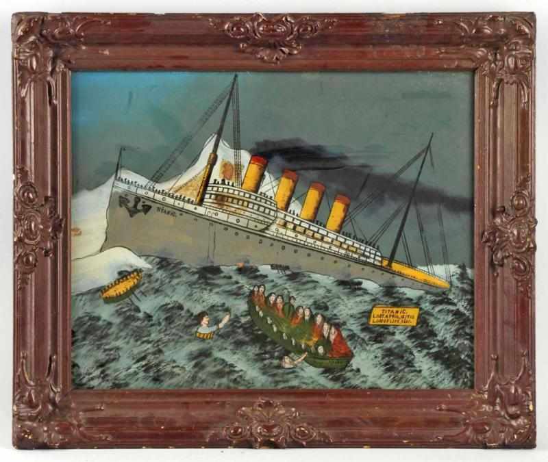 Appraisal: Reverse Painting on Glass of the Titanic Sinking Depicts the