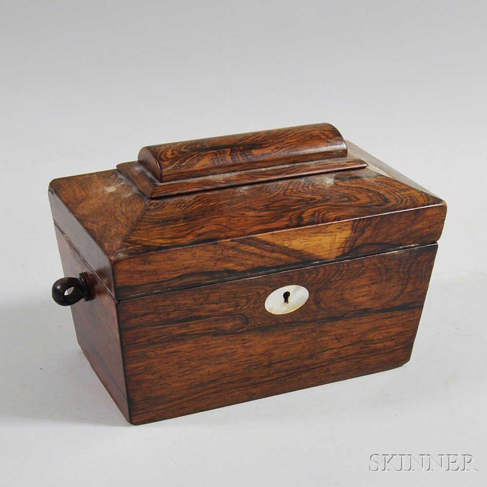 Appraisal: William IV Calamander Coffin-form Tea Caddy with mother-of-pearl-inlaid escutcheon brass