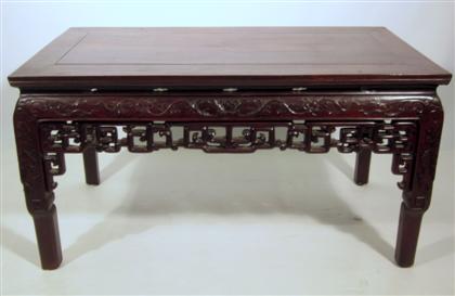 Appraisal: Chinese carved hardwood low table The cleated rectangular top over