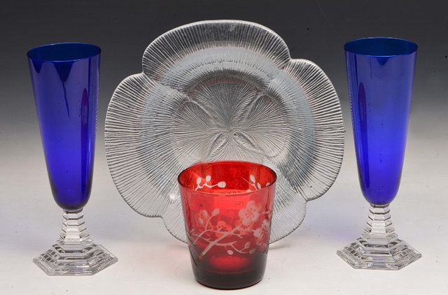 Appraisal: A PAIR OF BACCARAT BLUE AND CLEAR GLASS SPILL VASES