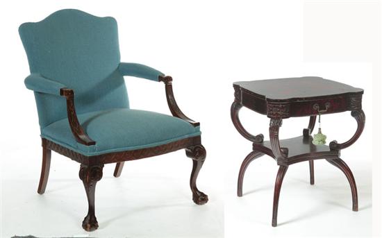 Appraisal: ARMCHAIR AND TABLE American th century Chippendale-style mahogany armchair Carved