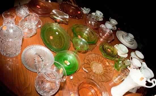 Appraisal: Large assortment of green pink and yellow depression glass assorted