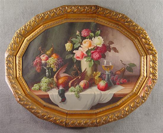 Appraisal: Oil on Canvas Table Still Life Fruit flowers and morte