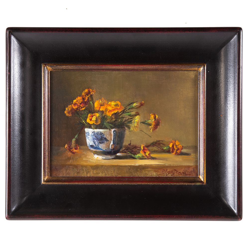 Appraisal: Olga Plam Flower with Teacup Oil on Canvas American th