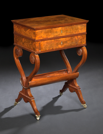 Appraisal: Restauration Mahogany Work Table early th century the lift top