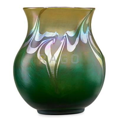 Appraisal: TIFFANY STUDIOS Bulbous Favrile glass vase with gold and emerald