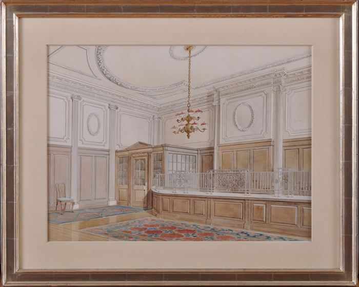 Appraisal: TH C SCHOOL INTERIOR RENDERING OF BANK LOBBY Watercolor pen