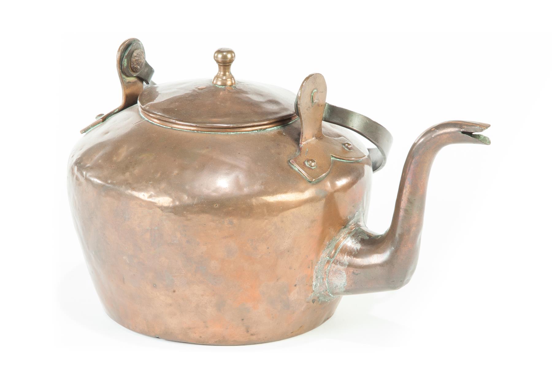 Appraisal: PENNSYLVANIA SIGNED COPPER TEA KETTLE Early th century Dovetailed kettle