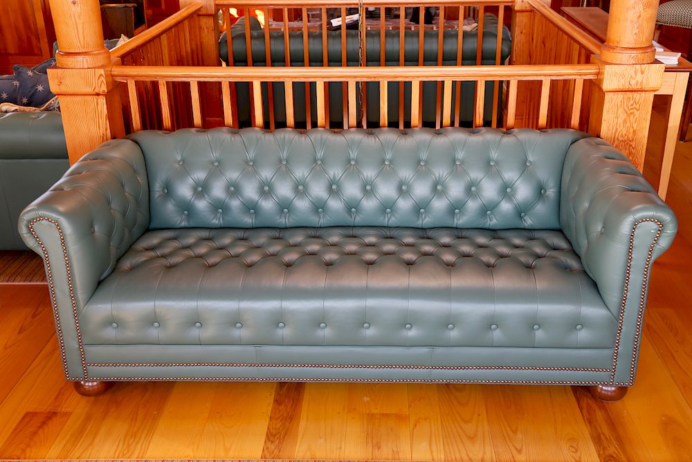 Appraisal: Green-Teal Leather Chesterfield Style Sofa Exclusive on Bidsquare Green-Teal Leather