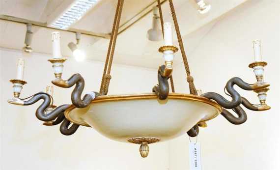 Appraisal: PAINTED CHANDELIER AUX SERPENTS late Biedermeier probably German end of