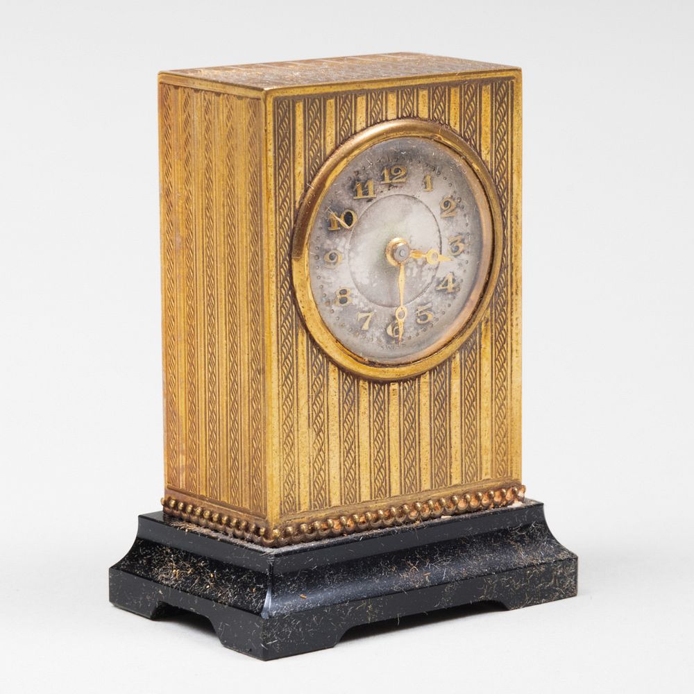 Appraisal: Miniature Gilt Table Clock In a fitted leather case raised