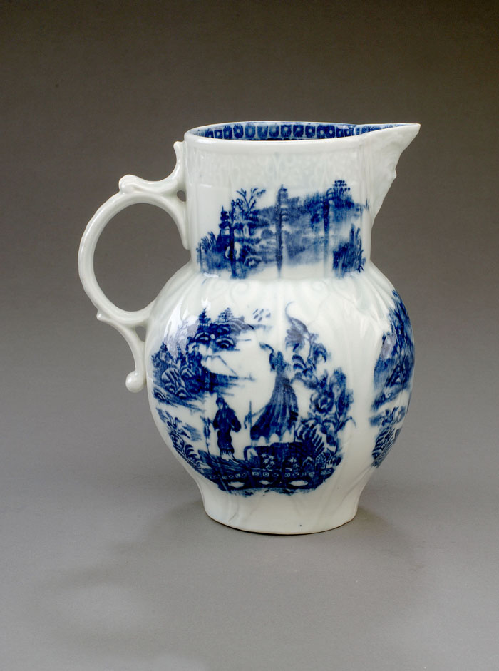 Appraisal: CAUGHLEY PORCELAIN BLUE AND WHITE 'FISHERMAN' PATTERN CABBAGE LEAF JUG