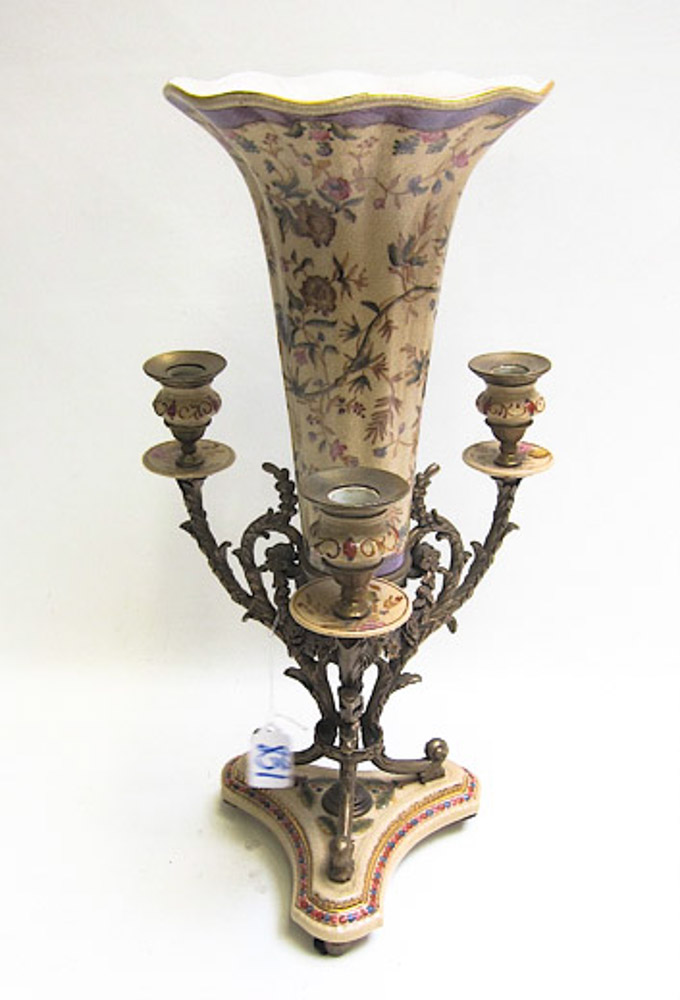 Appraisal: FRENCH STYLE CERAMIC AND BRONZE EPERGNE having center vase surrounded