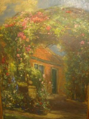 Appraisal: OWEN BOWEN Garden Scene signed on board x gilt frame