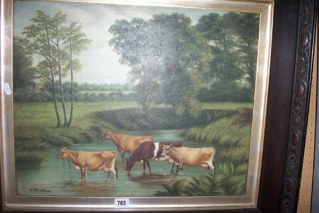 Appraisal: An early th century oil painting on canvas of cattle