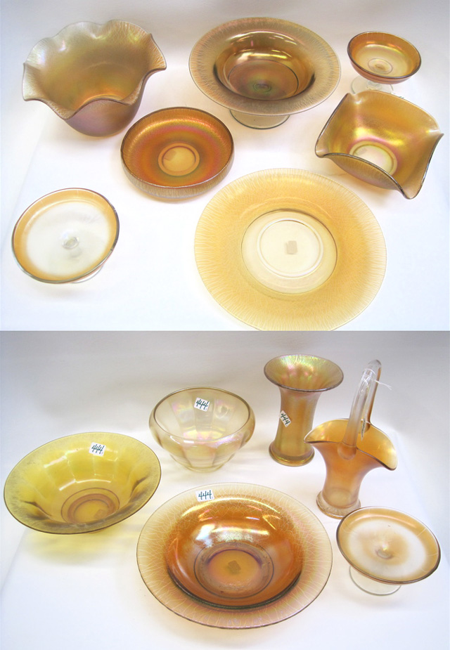 Appraisal: THIRTEEN PIECES STRETCH GLASS all of iridescent amber variations including