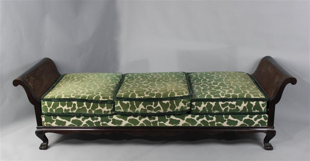 Appraisal: TH CENTURY CANED MAHOGANY GIRAFFE PRINT UPHOLSTERED DAY BED EN