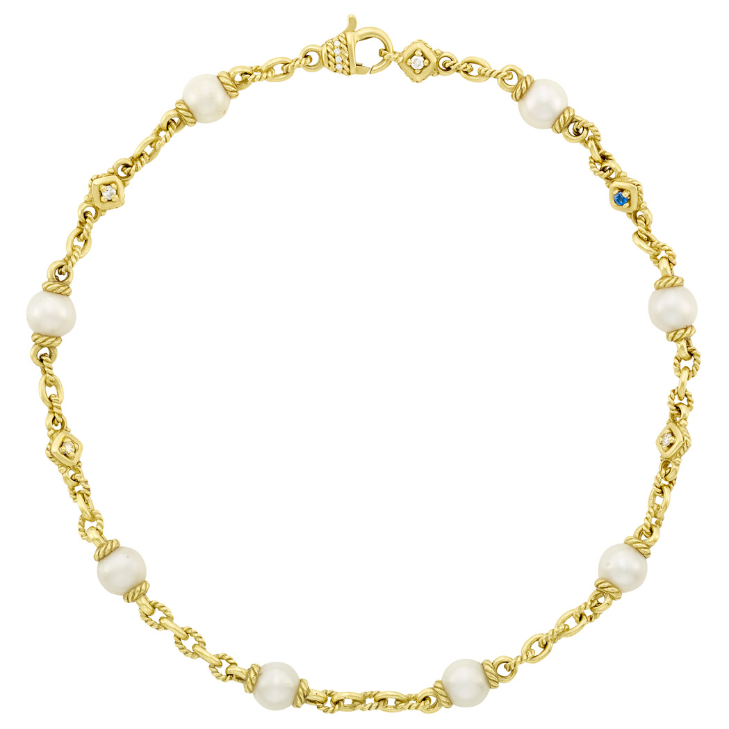 Appraisal: Gold Cultured Pearl Diamond and Sapphire Necklace Attributed to Judith