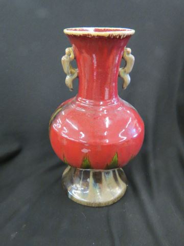 Appraisal: Chinese Pottery Vase flambe on oxblood style crystaline glaze handled