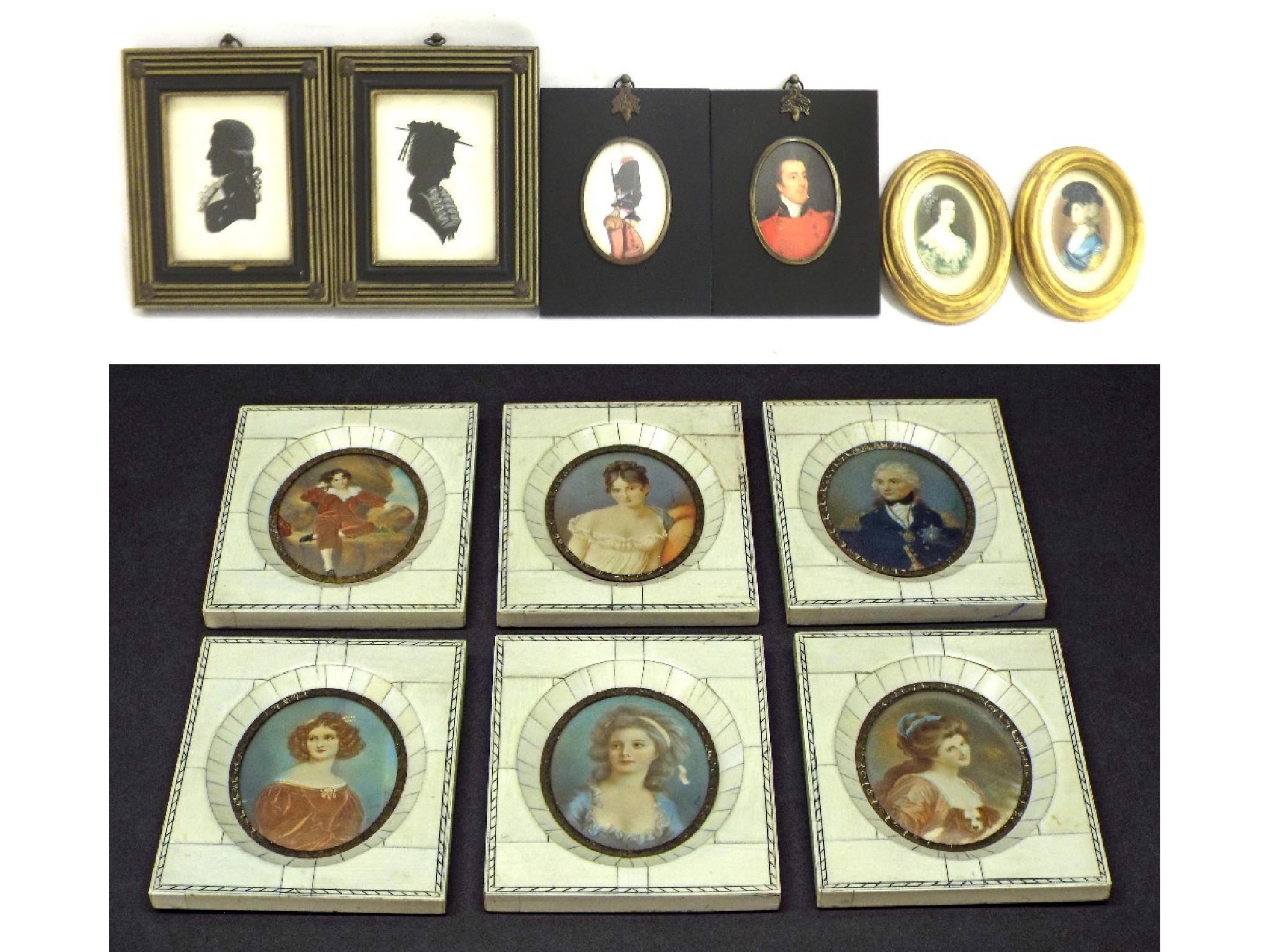 Appraisal: Collection of six miniature portraits all within piano key frames