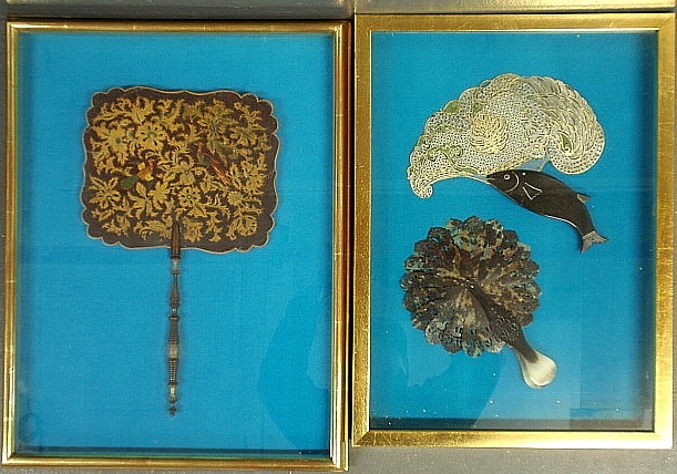 Appraisal: - Framed Victorian papier-m ch fan with turned wooden handle-