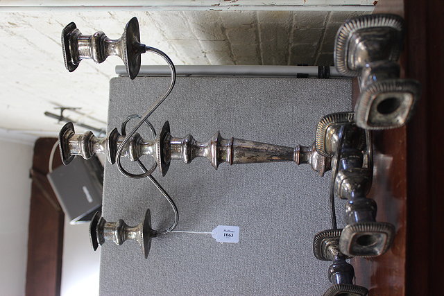 Appraisal: A LARGE GEORGIAN SILVER PLATED THREE BRANCH CANDELABRUM with square