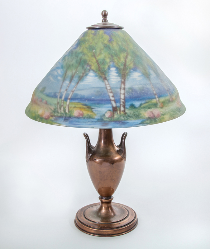 Appraisal: PAIRPOINT REVERSE-PAINTED SCENIC TABLE LAMP Shade signed 'H Fisher' and